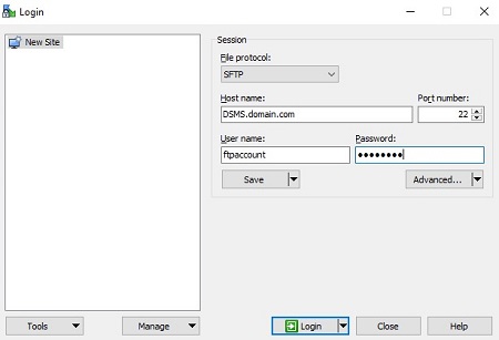 Example FTP client logging in to the Dell Security Management Server Virtual