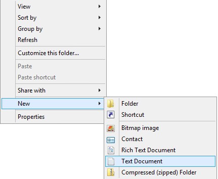 Text Document option that is found after right-clicking Windows Explorer and selecting New