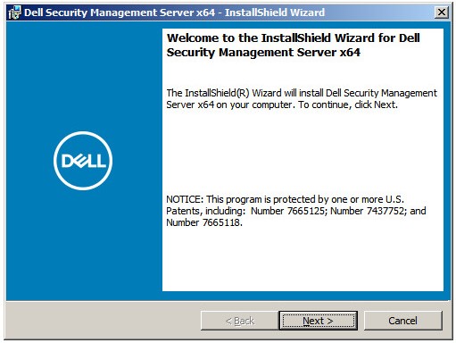 Tela de boas-vindas do instalador do Dell Security Management Server