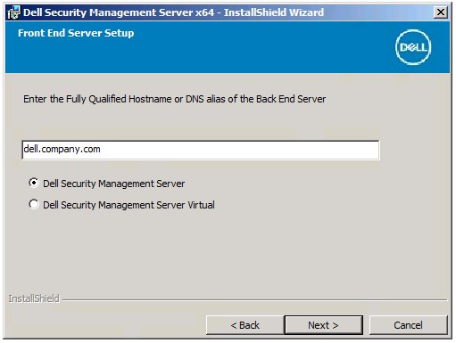 Exemplo de hostname completo ou alias DNS do servidor de back-end Dell Data Security