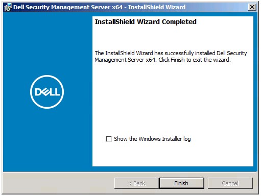 Tela Dell Security Management Server InstallShield Wizard Completed (Assistente concluído do Dell Security Management Server InstallShield)