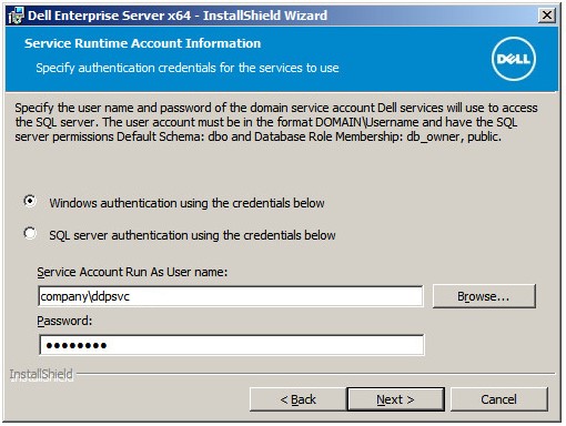 Écran Database and service runtime information (Informations sur l’exécution de la base de données et des services)