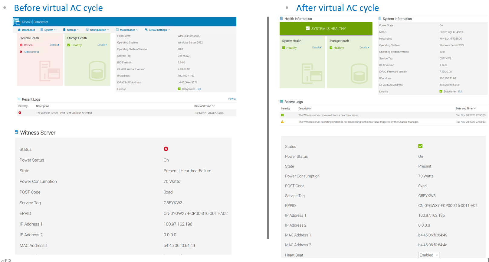 PowerEdge XR4000 Performing a Virtual AC Cycle Clears iDRAC Critical