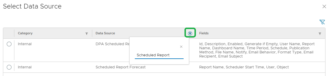 Screenshot of Data Source filter screen