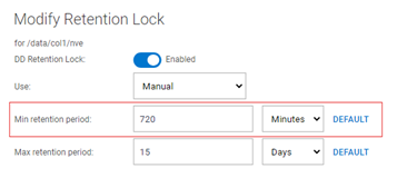 Afbeelding 4: De instelling voor de minimale retentieperiode van DD MTree bijwerken met System Manager