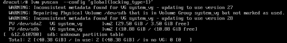 LVMディスク(sdb)の1つがLVM出力コマンドから誤って削除されました