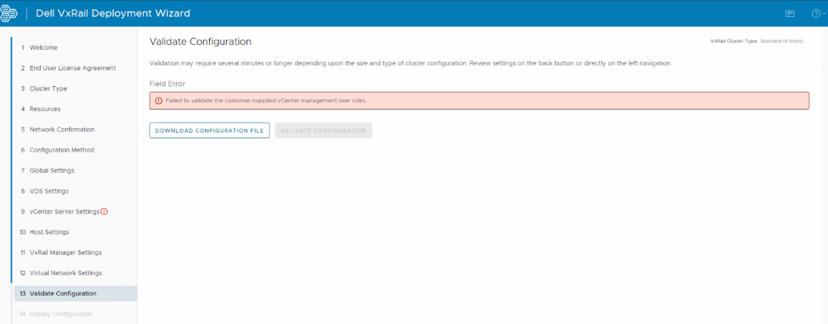 Image de l’erreur : Échec de la validation des rôles d’utilisateur de gestion de vCenter fournis par le client.