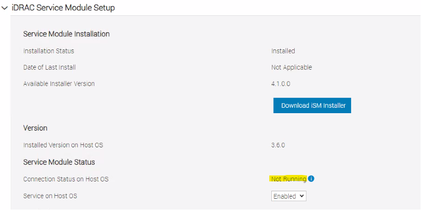 The ISM service is showing as "not running" in the iDRAC 