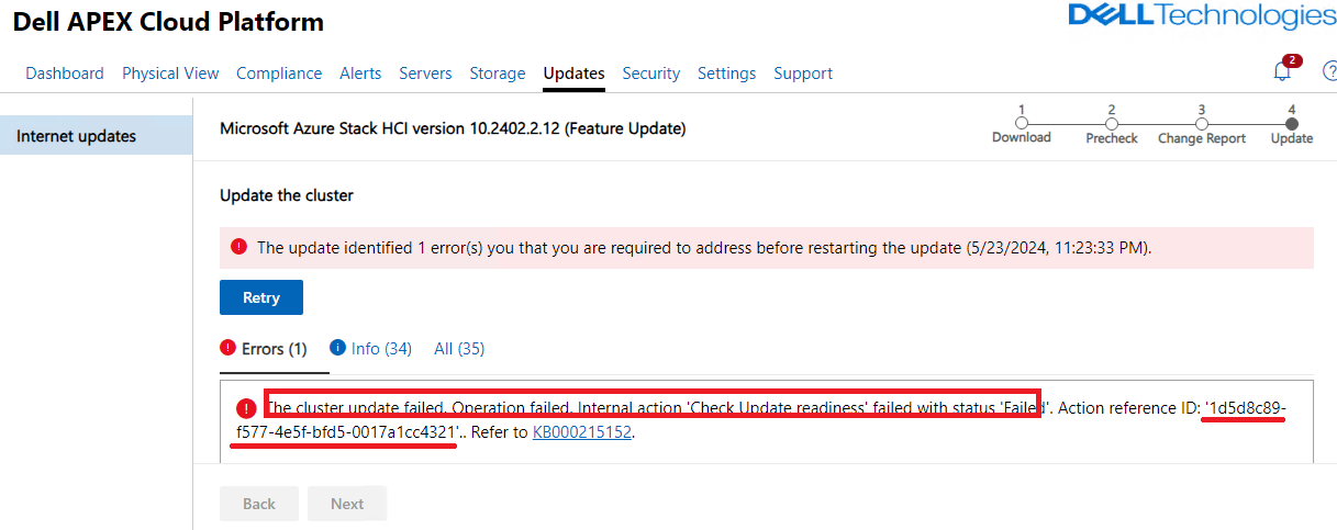 Vérifier le message de préparation à la mise à jour sur Dell APEX Cloud Platform