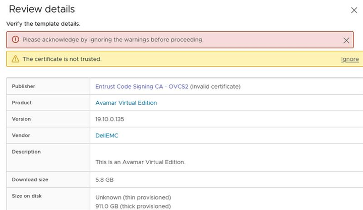 在 vsphere 中,收到 Dell 發出的 OVA 的警告