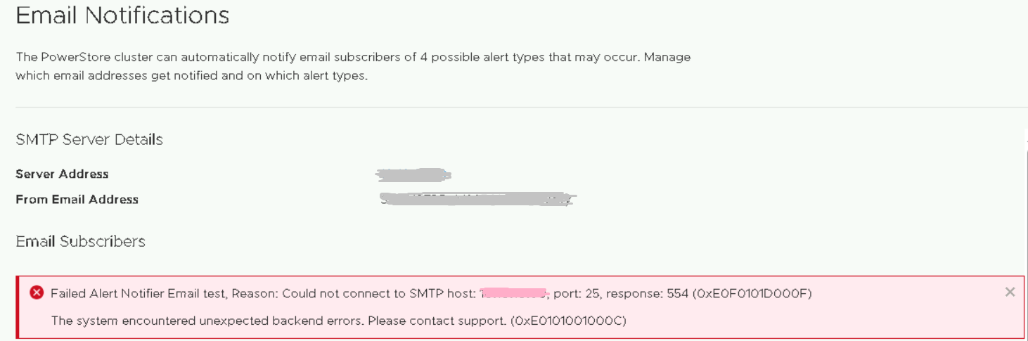 GUI screenshot showing error Failed Alert Notifier Email test, Reason: Could not connect to SMTP host: 10.10.10.60, port: 25, response: 554 (0xE0F0101D000F)