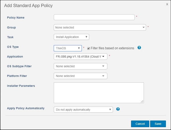 Menú de Add Standard App Policy de ThinOS