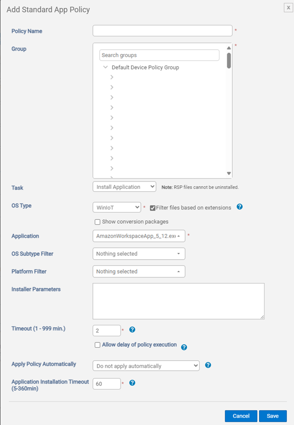 Menú de Add Standard App Policy de WinIoT