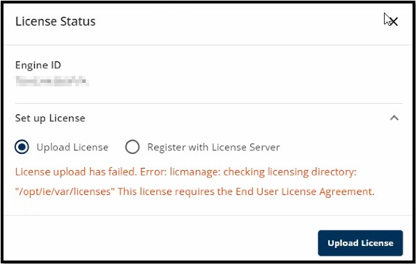 CyberSense 8.6 中的“许可证上传失败”错误对话框