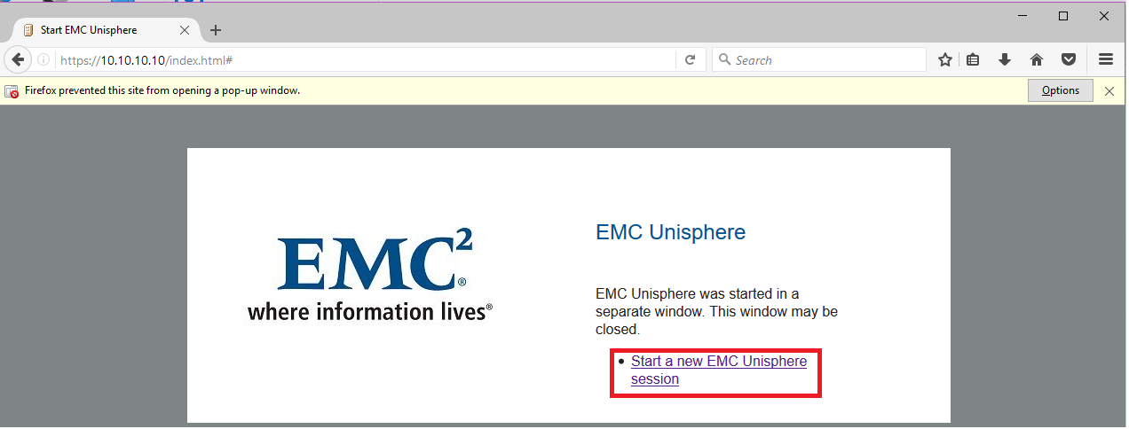 Dialog box showing Start a new EMC Unisphere session option