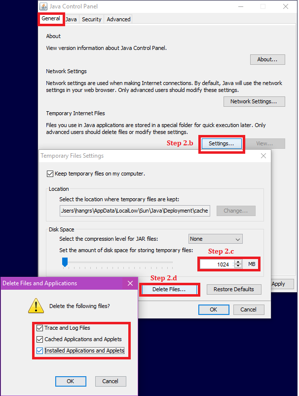 Dialog Box showing Java temporary file space size setup