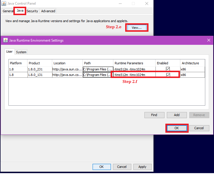 Dialog box showing Runtime Paramaters settings setup