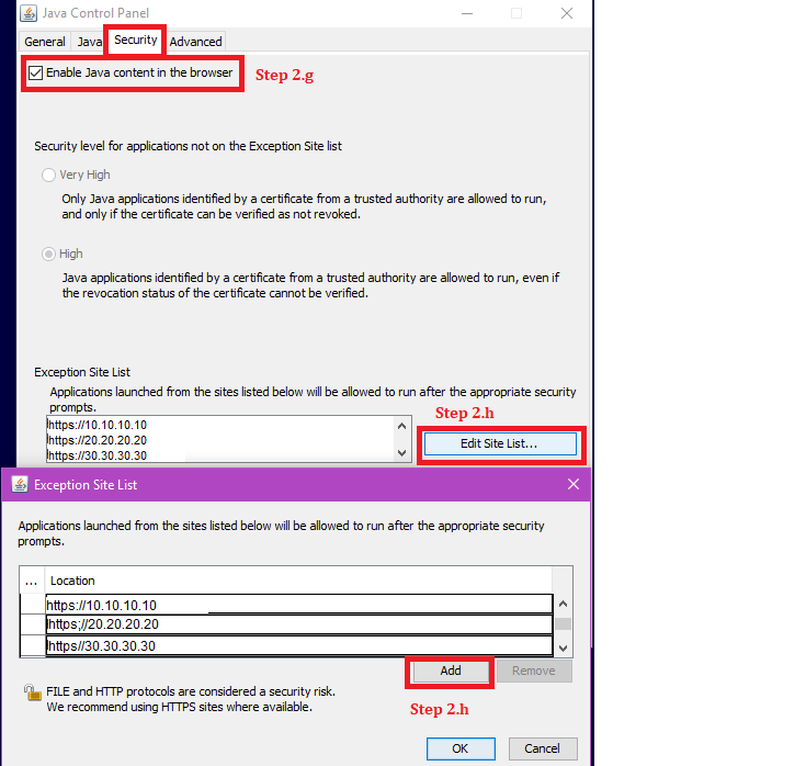 Dialog box showing Java Secuity tab Exception Site List setup