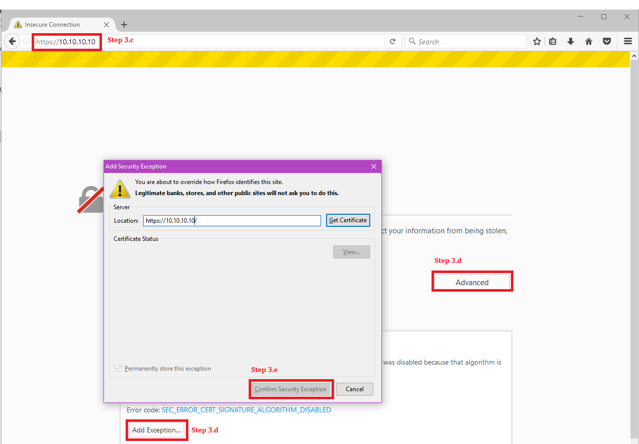 Finestra di dialogo che mostra le opzioni Add Exception e Confirm Security Exception