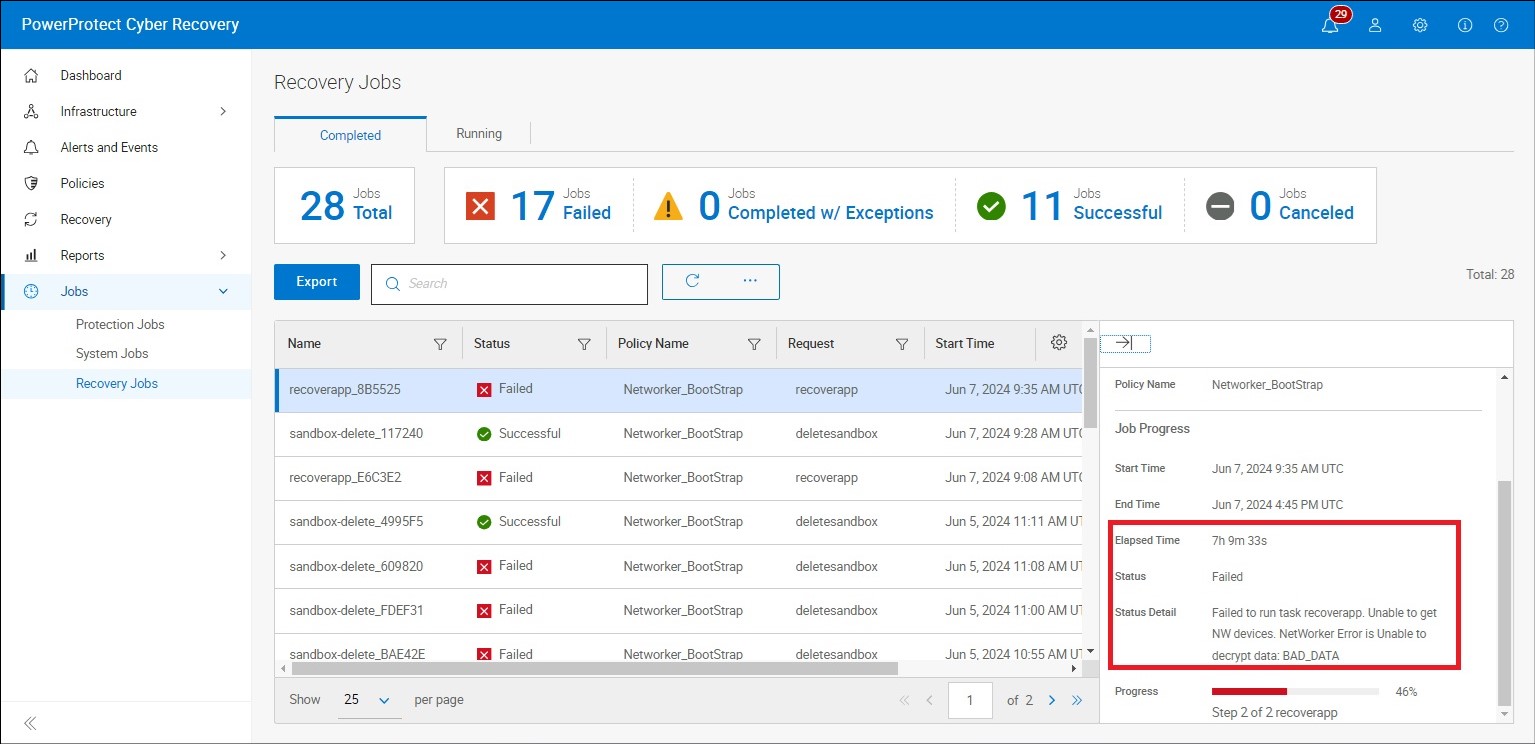 NetWorker kurtarma hata mesajıyla başarısız oluyor