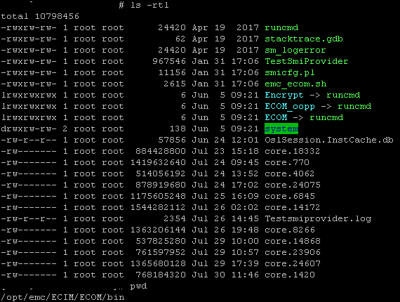 image of command ls -rtl showing cores generated in Filesystem after ECOM service crash