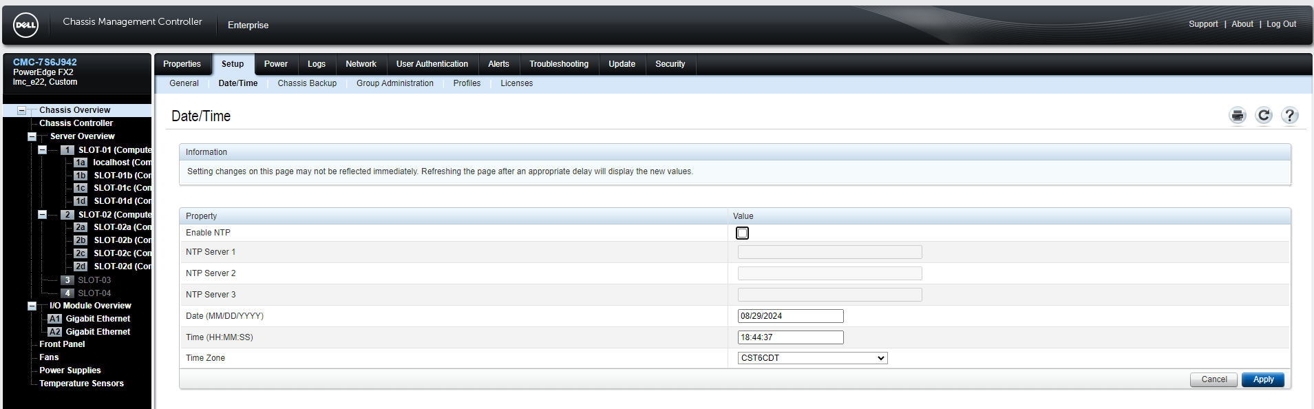 Página de data e hora de CMC Setup