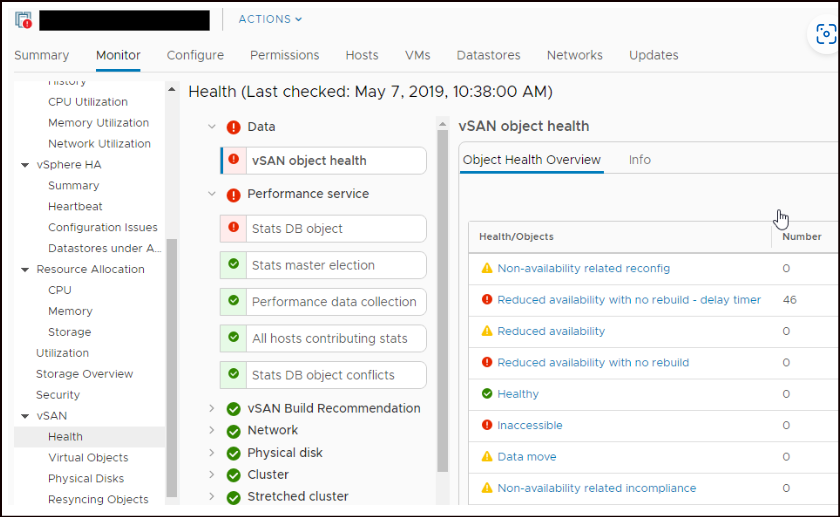 Menu Health in vSAN