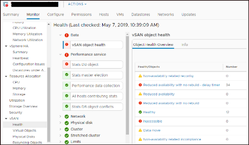 Menu Health in vSAN