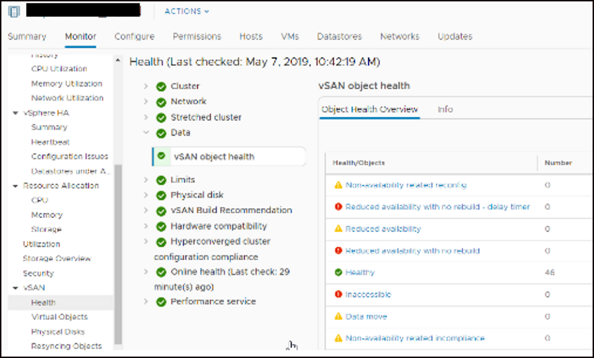 Menu Health in vSAN
