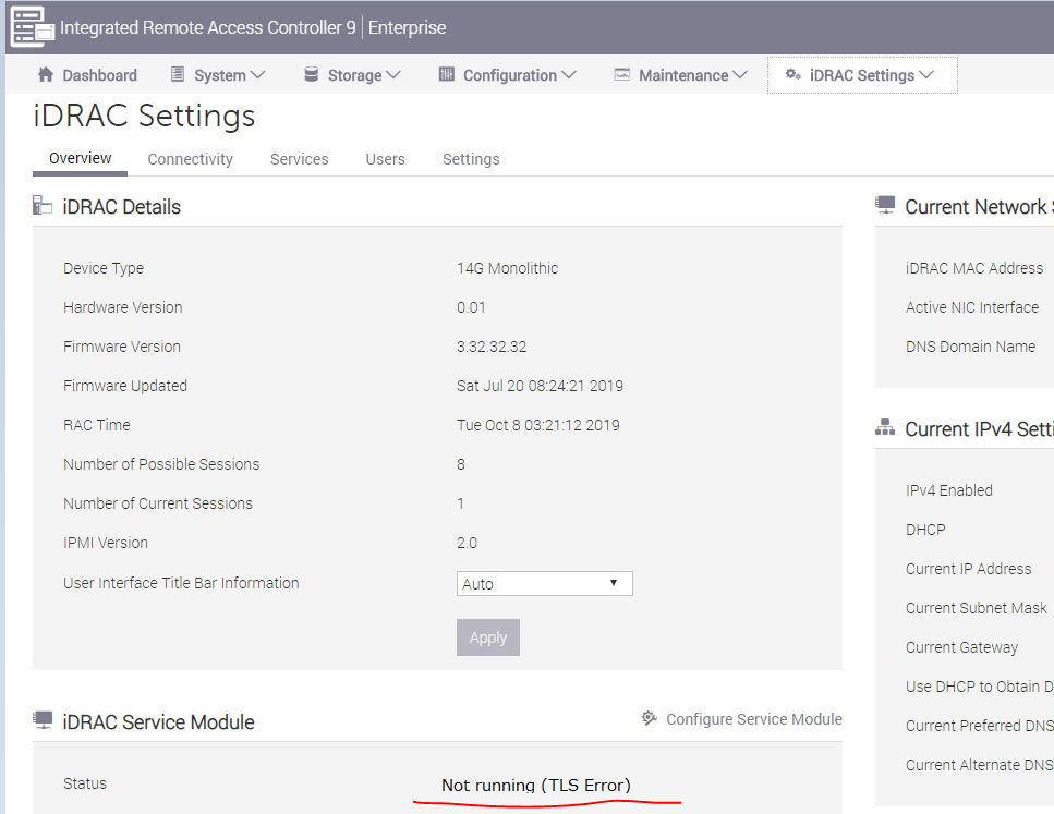 iDRAC UI showing iSM fails