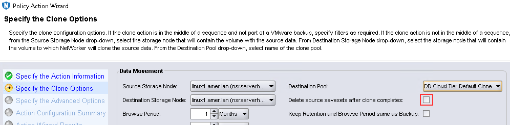 Option for deleting source savesets after clone completion is unselected in NMC 