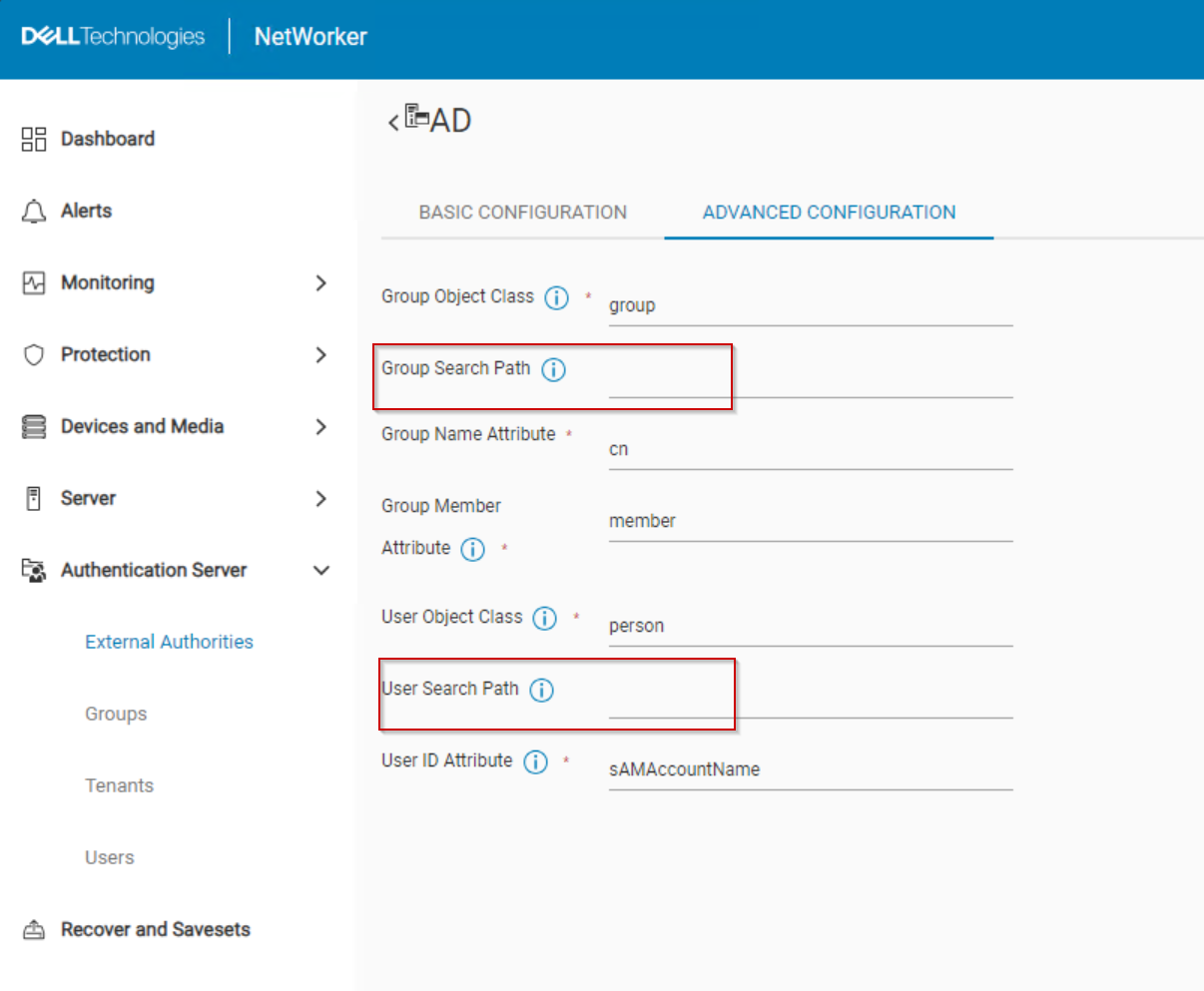 I percorsi di ricerca di utenti e gruppi non sono impostati nella risorsa NetWorker External Authority