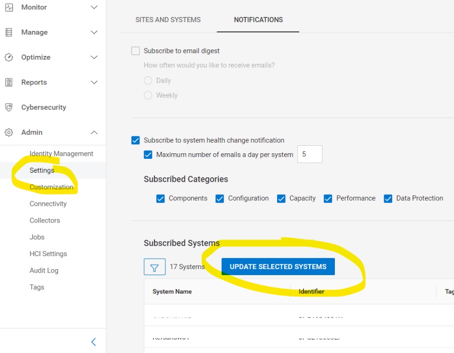 Снимок экрана обновления выбранных систем