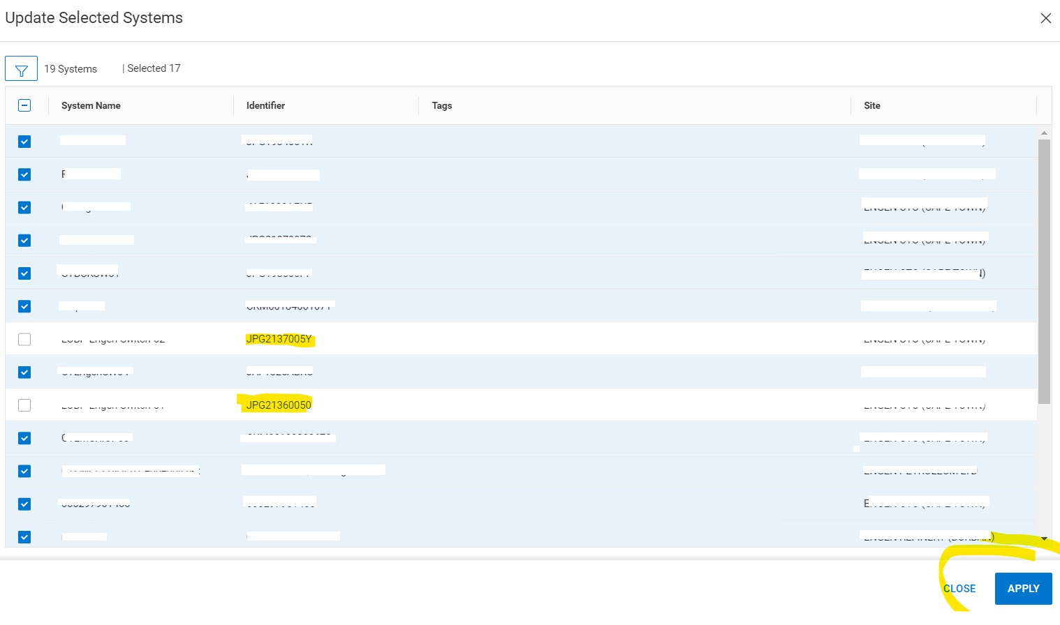 Captura de pantalla de Actualizar sistemas seleccionados con notificaciones deshabilitadas
