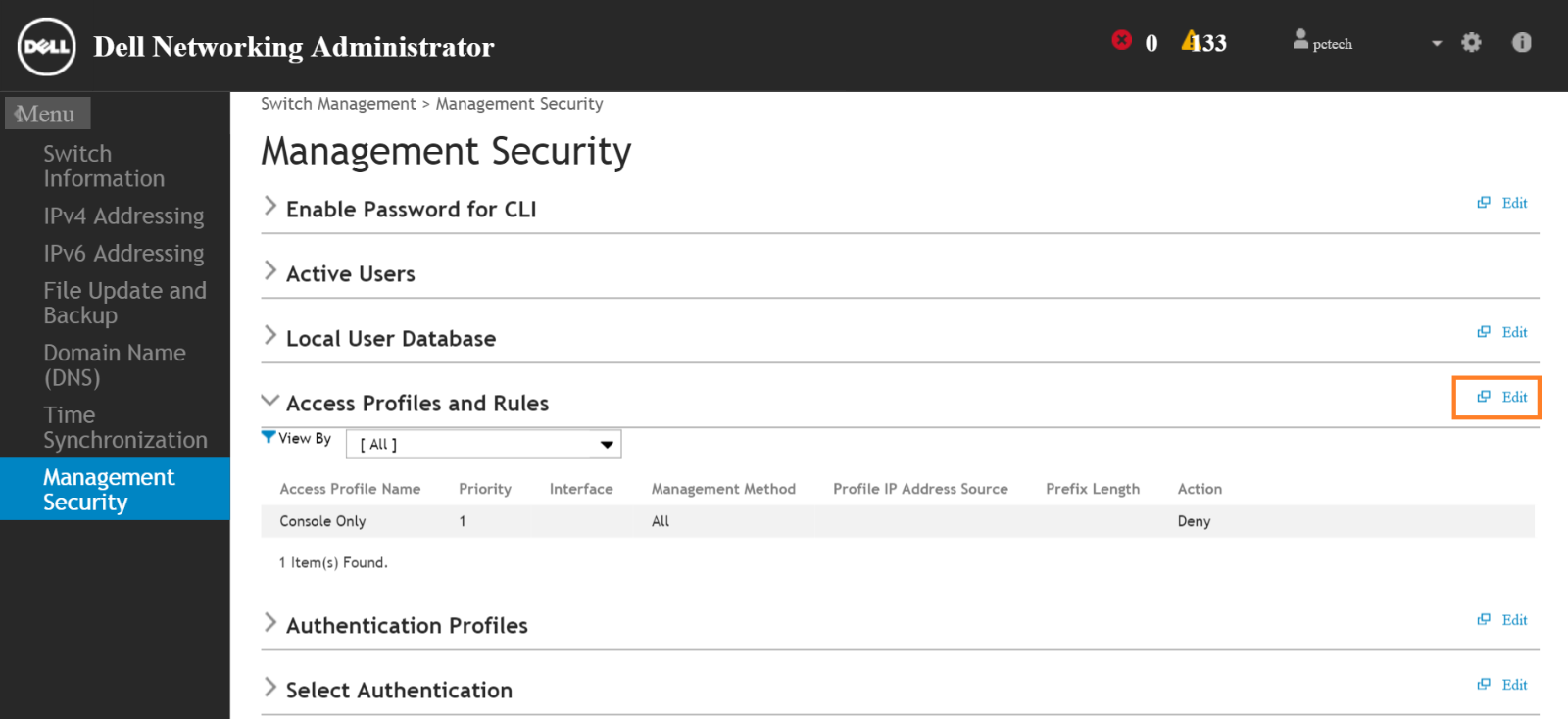 Pulsante Edit di Access Profiles and Rules