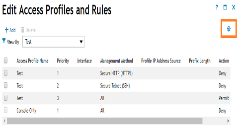Ícone de engrenagem na janela Edit Access Profile and Rules