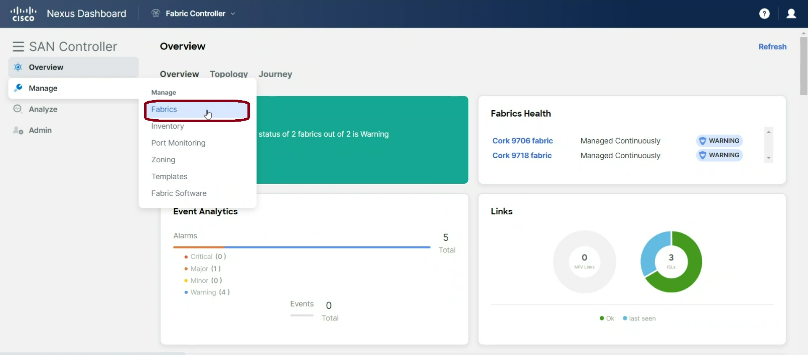 Nexus Dashboard'daki Yönet menüsü