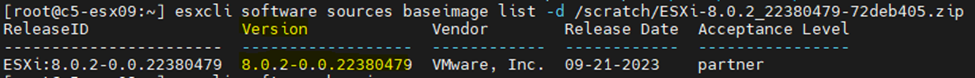 Command esxcli software sources baseimage list -d <esxi package path> result