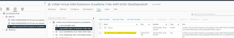 Gå til VxRail-Virtual-SAN-Datastore på det grafiske grensesnittet, oppgrader deretter Bundles-* og deretter ESXi8.0.2_22380479-72deb405.zip