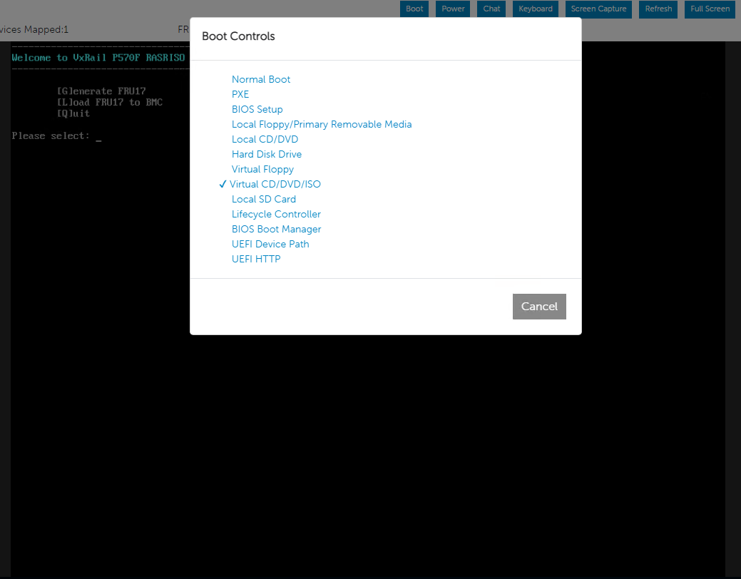 Screenshot van de volgende keer opstarten ingesteld op de virtuele CD/DVD/ISO.