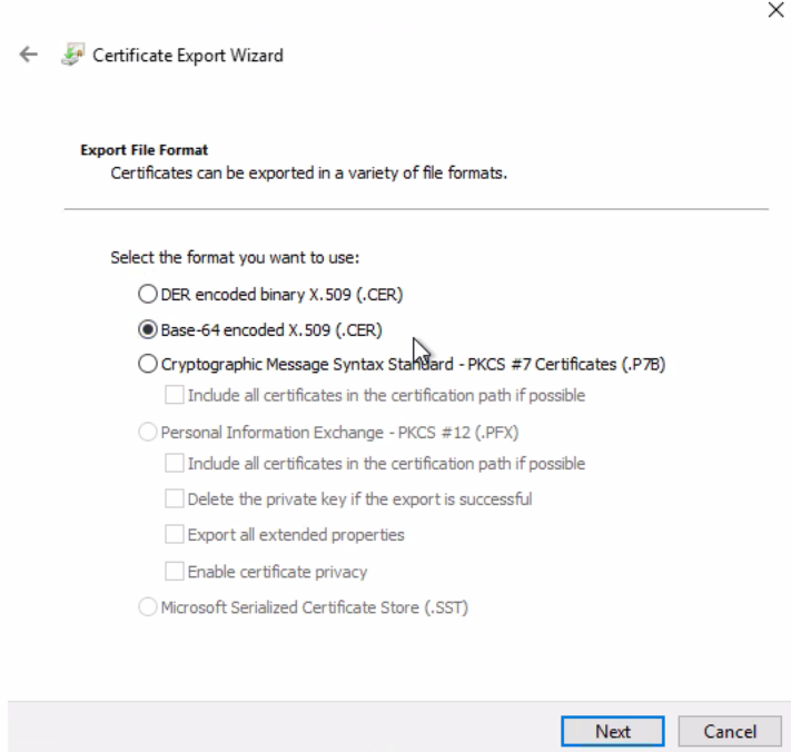 Indstillinger for certifikateksport