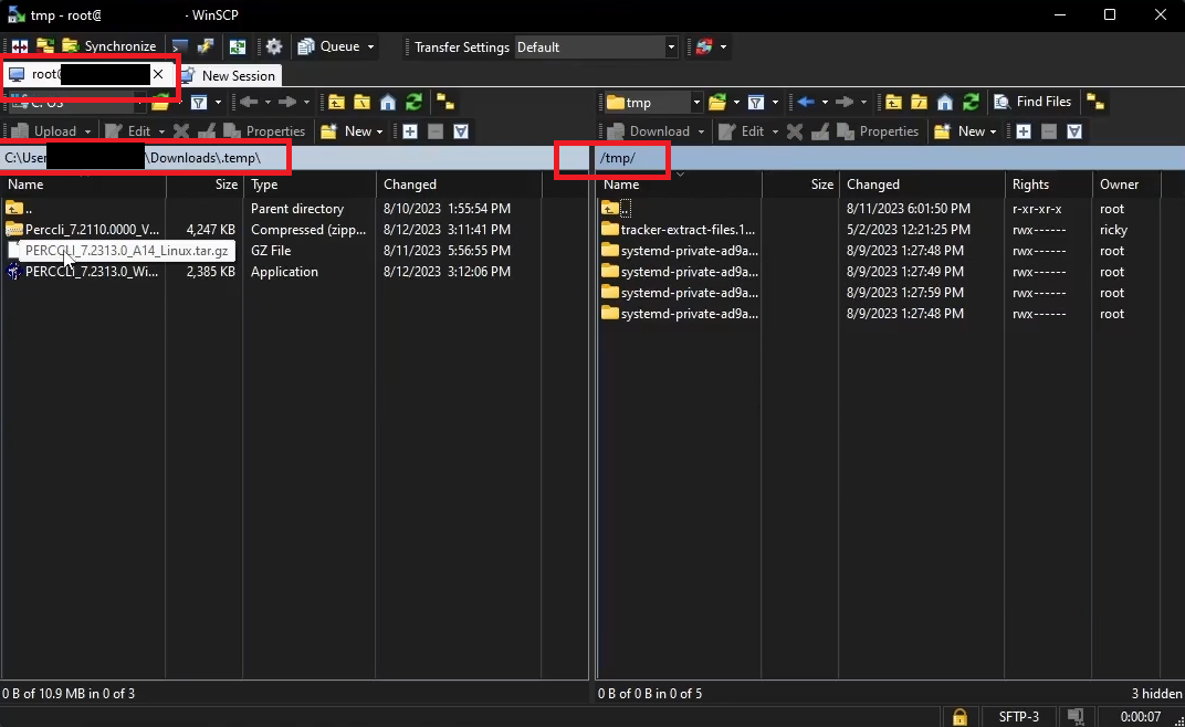 WinSCP directories of workstation and server.
