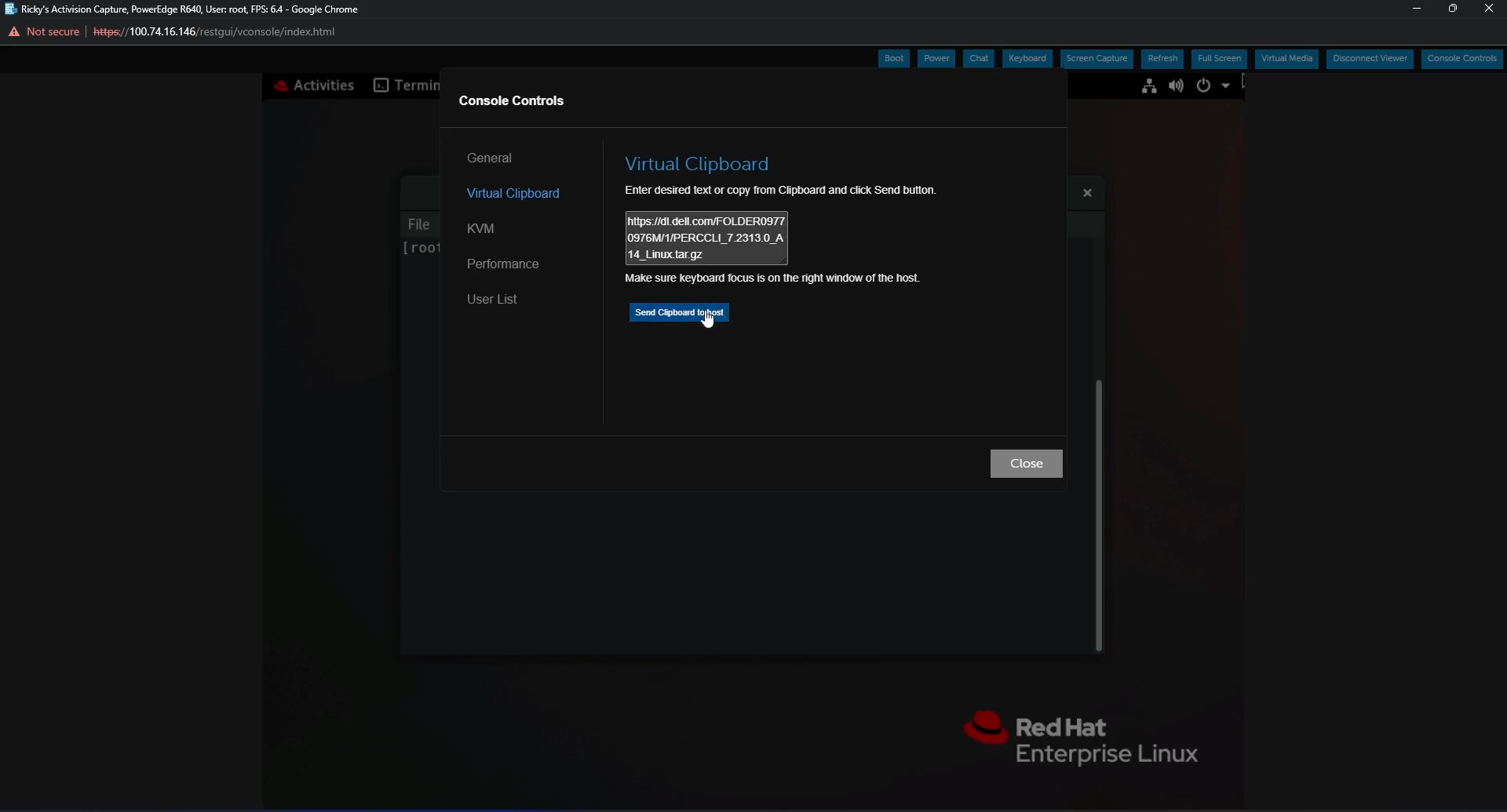 Copy and Paste function in iDRAC virtual clipboard to sent file link to server