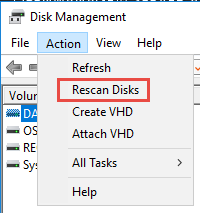 Rescan Disks in Disk Management/Action menu