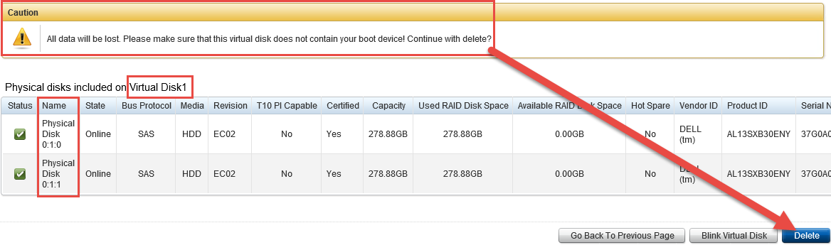 Confirmer la suppression du disque virtuel
