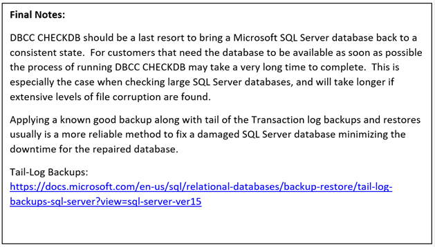 Informations sur l’utilisation de DBCC CHECKDB