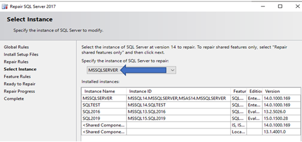 Selección de la instancia de SQL Server que se debe reparar