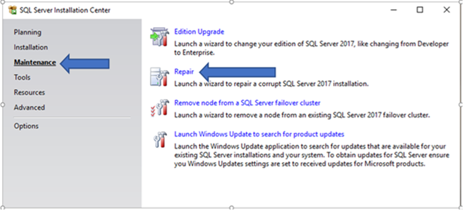 Microsoft SQL Server Installation Centerの[Maintenance]セクションの[repair]オプションの場所