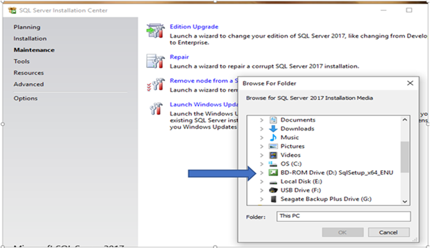 SQL Server 복구 작업을 위한 Microsoft SQL Server 설치 미디어를 찾을 수 있는 찾아보기 기능
