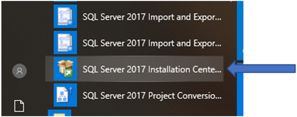 Widok programu SQL Server Installation Center widoczny w menu Start programu Microsoft SQL Server